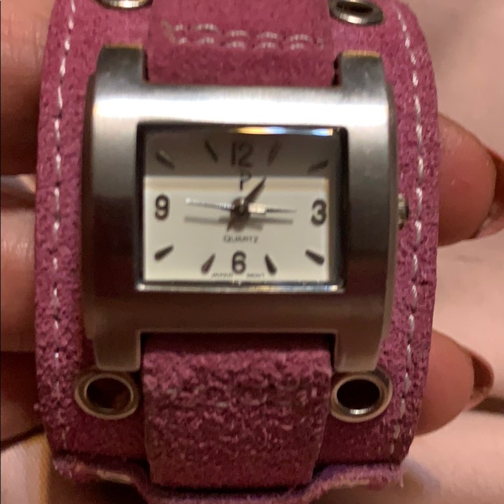 Pink leather cuff watch